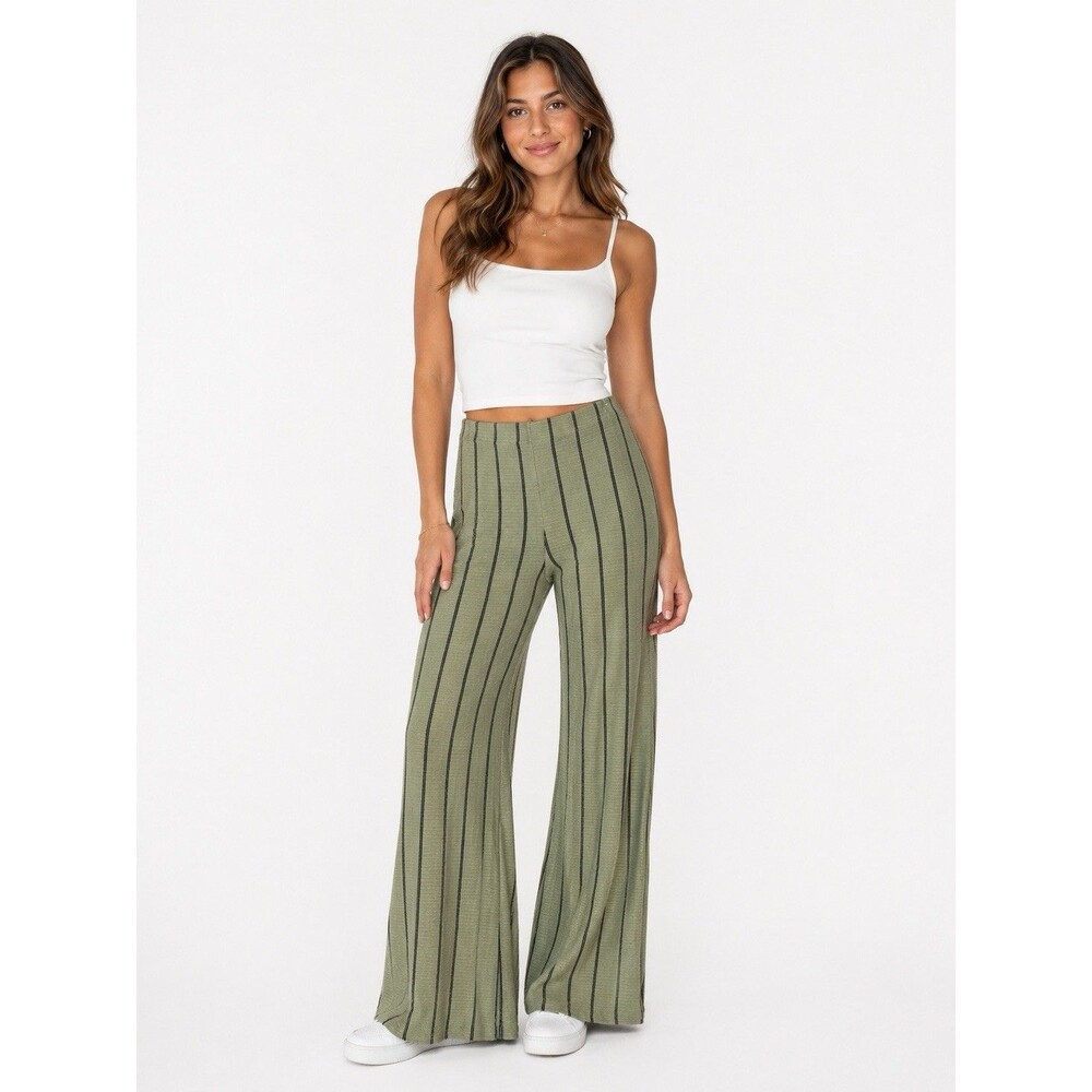 Madrag womens 3xl plus size wide leg striped pants green black polyester pull on